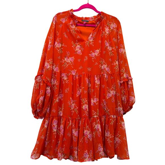 Vince Camuto Dresses & Skirts - Vince Camuto Dress Sheer Long Sleeve V-Neck babydoll Dress Ruffle Hem Size M